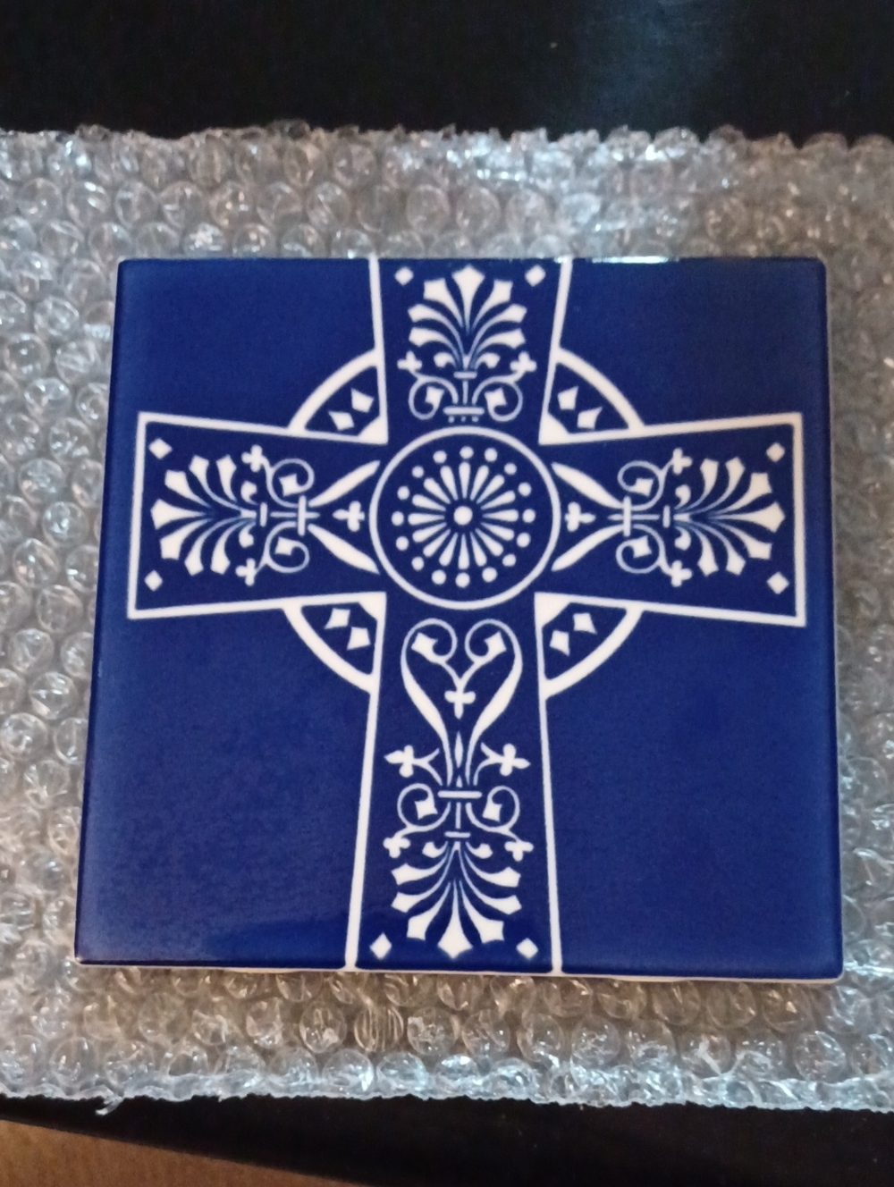 4/$60 Blue Ceramic Tile with White Decorative Cross - Wall Or Table Top Display